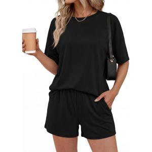 BTFBM 2 Piece Lounge Sets For Women 2026 Summer Airport Travel Vacation Outfits Loose Matching Clothing Spring Short Set(Black)