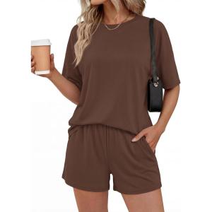 BTFBM 2 Piece Lounge Sets For Women 2026 Summer Airport Travel Vacation Outfits Loose Matching Clothing Spring Short Set(Brown)