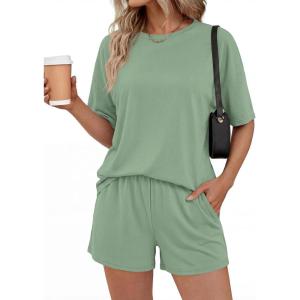 BTFBM 2 Piece Lounge Sets For Women 2026 Summer Airport Travel Vacation Outfits Loose Matching Clothing Spring Short Set(Grey Green)