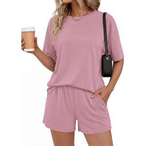 BTFBM 2 Piece Lounge Sets For Women 2026 Summer Airport Travel Vacation Outfits Loose Matching Clothing Spring Short Set(Pink)
