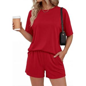 BTFBM 2 Piece Lounge Sets For Women 2026 Summer Airport Travel Vacation Outfits Loose Matching Clothing Spring Short Set(Red)