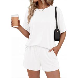 BTFBM 2 Piece Lounge Sets For Women 2026 Summer Airport Travel Vacation Outfits Loose Matching Clothing Spring Short Set(White)