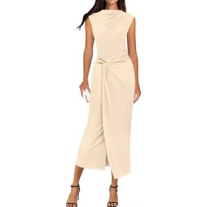 BTFBM Dresses for Women 2026 Summer Clothes Formal Bodycon Mock Neck Cap Sleeve Midi Party Cocktail Wedding Guest Dress(Beige)