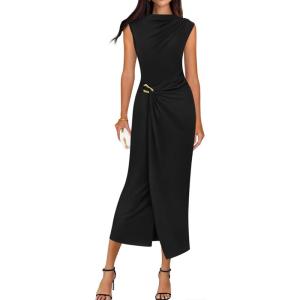 BTFBM Dresses for Women 2026 Summer Clothes Formal Bodycon Mock Neck Cap Sleeve Midi Party Cocktail Wedding Guest Dress(Black)