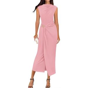 BTFBM Dresses for Women 2026 Summer Clothes Formal Bodycon Mock Neck Cap Sleeve Midi Party Cocktail Wedding Guest Dress(Pink)