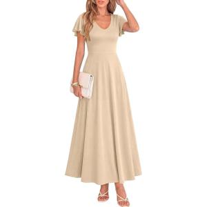 BTFBM Formal Dresses for Women Summer Outfits V Neck Ruffle Sleeve A Line Maxi Elegant Cocktail Wedding Guest Dress 2026(Apricot)