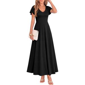 BTFBM Formal Dresses for Women Summer Outfits V Neck Ruffle Sleeve A Line Maxi Elegant Cocktail Wedding Guest Dress 2026(Black)