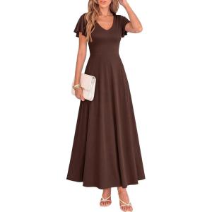 BTFBM Formal Dresses for Women Summer Outfits V Neck Ruffle Sleeve A Line Maxi Elegant Cocktail Wedding Guest Dress 2026(Brown)