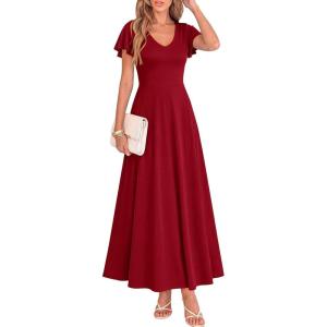 BTFBM Formal Dresses for Women Summer Outfits V Neck Ruffle Sleeve A Line Maxi Elegant Cocktail Wedding Guest Dress 2026(Burgundy)