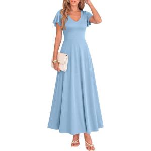 BTFBM Formal Dresses for Women Summer Outfits V Neck Ruffle Sleeve A Line Maxi Elegant Cocktail Wedding Guest Dress 2026(Light Blue)