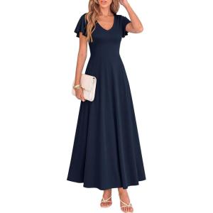 BTFBM Formal Dresses for Women Summer Outfits V Neck Ruffle Sleeve A Line Maxi Elegant Cocktail Wedding Guest Dress 2026(Navy)