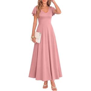 BTFBM Formal Dresses for Women Summer Outfits V Neck Ruffle Sleeve A Line Maxi Elegant Cocktail Wedding Guest Dress 2026(Pink)