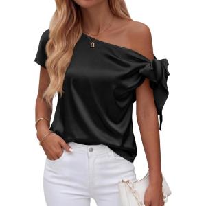 BTFBM Off The Shoulder Tops for Women Summer 2026 Short Sleeve Satin Blouse Shirts Silk Y2K Going Out Top Beach Vacation(Black)