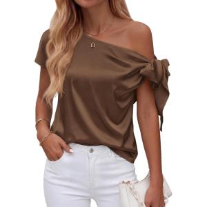 BTFBM Off The Shoulder Tops for Women Summer 2026 Short Sleeve Satin Blouse Shirts Silk Y2K Going Out Top Beach Vacation(Brown)