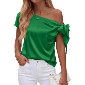 BTFBM Off The Shoulder Tops for Women Summer 2026 Short Sleeve Satin Blouse Shirts Silk Y2K Going Out Top Beach Vacation(Green)