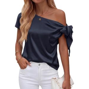 BTFBM Off The Shoulder Tops for Women Summer 2026 Short Sleeve Satin Blouse Shirts Silk Y2K Going Out Top Beach Vacation(Navy Blue)