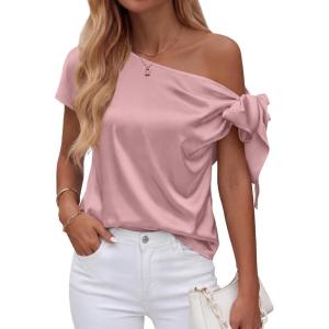 BTFBM Off The Shoulder Tops for Women Summer 2026 Short Sleeve Satin Blouse Shirts Silk Y2K Going Out Top Beach Vacation(Pink)
