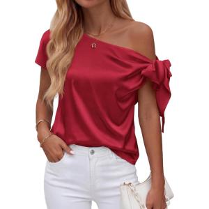 BTFBM Off The Shoulder Tops for Women Summer 2026 Short Sleeve Satin Blouse Shirts Silk Y2K Going Out Top Beach Vacation(Red)