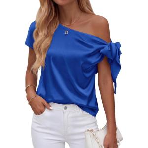 BTFBM Off The Shoulder Tops for Women Summer 2026 Short Sleeve Satin Blouse Shirts Silk Y2K Going Out Top Beach Vacation(Royal Blue)