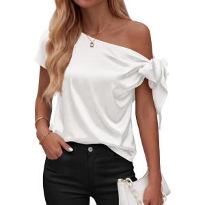 BTFBM Off The Shoulder Tops for Women Summer 2026 Short Sleeve Satin Blouse Shirts Silk Y2K Going Out Top Beach Vacation(White)