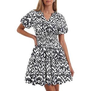 BTFBM Summer Mini Dresses for Women 2026 Ruffle Short Sleeve Elastic Waist Floral Beach Vacation Wedding Guest Dress(Floral Black)