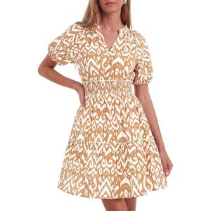 BTFBM Summer Mini Dresses for Women 2026 Ruffle Short Sleeve Elastic Waist Floral Beach Vacation Wedding Guest Dress(Floral Khaki)