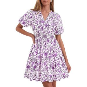 BTFBM Summer Mini Dresses for Women 2026 Ruffle Short Sleeve Elastic Waist Floral Beach Vacation Wedding Guest Dress(Floral White Purple)