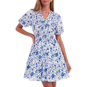 BTFBM Summer Mini Dresses for Women 2026 Ruffle Short Sleeve Elastic Waist Floral Beach Vacation Wedding Guest Dress(White Blue Flower)