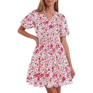 BTFBM Summer Mini Dresses for Women 2026 Ruffle Short Sleeve Elastic Waist Floral Beach Vacation Wedding Guest Dress(White Red Flower)