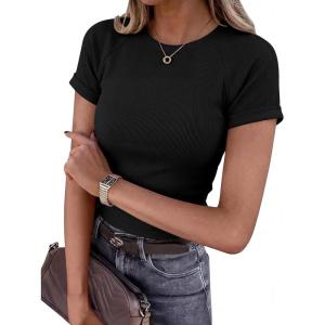 BTFBM Summer Tops for Women 2026 Crew Neck Rolled Sleeve T Shirts Knit Slim Basic Casual Spring Top Workout Y2k Clothes(Black)