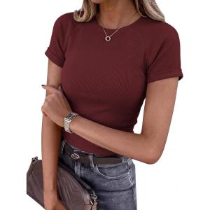 BTFBM Summer Tops for Women 2026 Crew Neck Rolled Sleeve T Shirts Knit Slim Basic Casual Spring Top Workout Y2k Clothes(Burgundy)