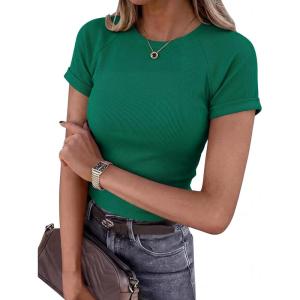 BTFBM Summer Tops for Women 2026 Crew Neck Rolled Sleeve T Shirts Knit Slim Basic Casual Spring Top Workout Y2k Clothes(Dark Green)