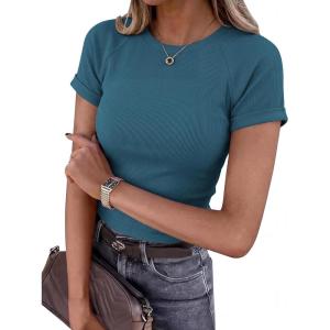 BTFBM Summer Tops for Women 2026 Crew Neck Rolled Sleeve T Shirts Knit Slim Basic Casual Spring Top Workout Y2k Clothes(Lake Blue)