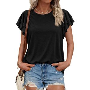 BTFBM Summer Tops for Women 2026 Crew Neck Ruffle Short Sleeve Shirts Loose Tunic Casual Spring Blouses(Black)