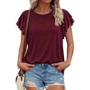 BTFBM Summer Tops for Women 2026 Crew Neck Ruffle Short Sleeve Shirts Loose Tunic Casual Spring Blouses(Burgundy)