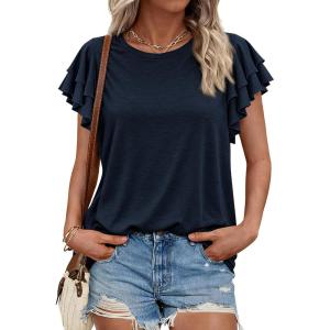 BTFBM Summer Tops for Women 2026 Crew Neck Ruffle Short Sleeve Shirts Loose Tunic Casual Spring Blouses(Navy Blue)