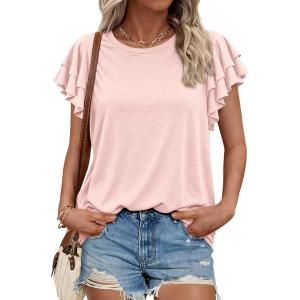 BTFBM Summer Tops for Women 2026 Crew Neck Ruffle Short Sleeve Shirts Loose Tunic Casual Spring Blouses(Pink)