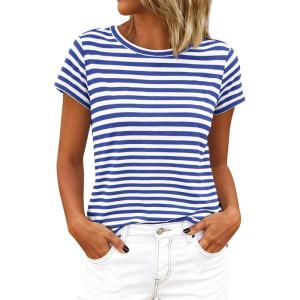 BTFBM Tops for Women Trendy Summer 2026 Crew Neck Short Sleeve T Shirts Striped Casual Vacation Blouse Loose Basic Tee(Blue White)