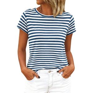 BTFBM Tops for Women Trendy Summer 2026 Crew Neck Short Sleeve T Shirts Striped Casual Vacation Blouse Loose Basic Tee(Dark Blue White)