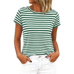 BTFBM Tops for Women Trendy Summer 2026 Crew Neck Short Sleeve T Shirts Striped Casual Vacation Blouse Loose Basic Tee(Green White)