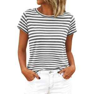 BTFBM Tops for Women Trendy Summer 2026 Crew Neck Short Sleeve T Shirts Striped Casual Vacation Blouse Loose Basic Tee(Grey White)