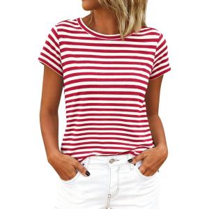 BTFBM Tops for Women Trendy Summer 2026 Crew Neck Short Sleeve T Shirts Striped Casual Vacation Blouse Loose Basic Tee(Red White)