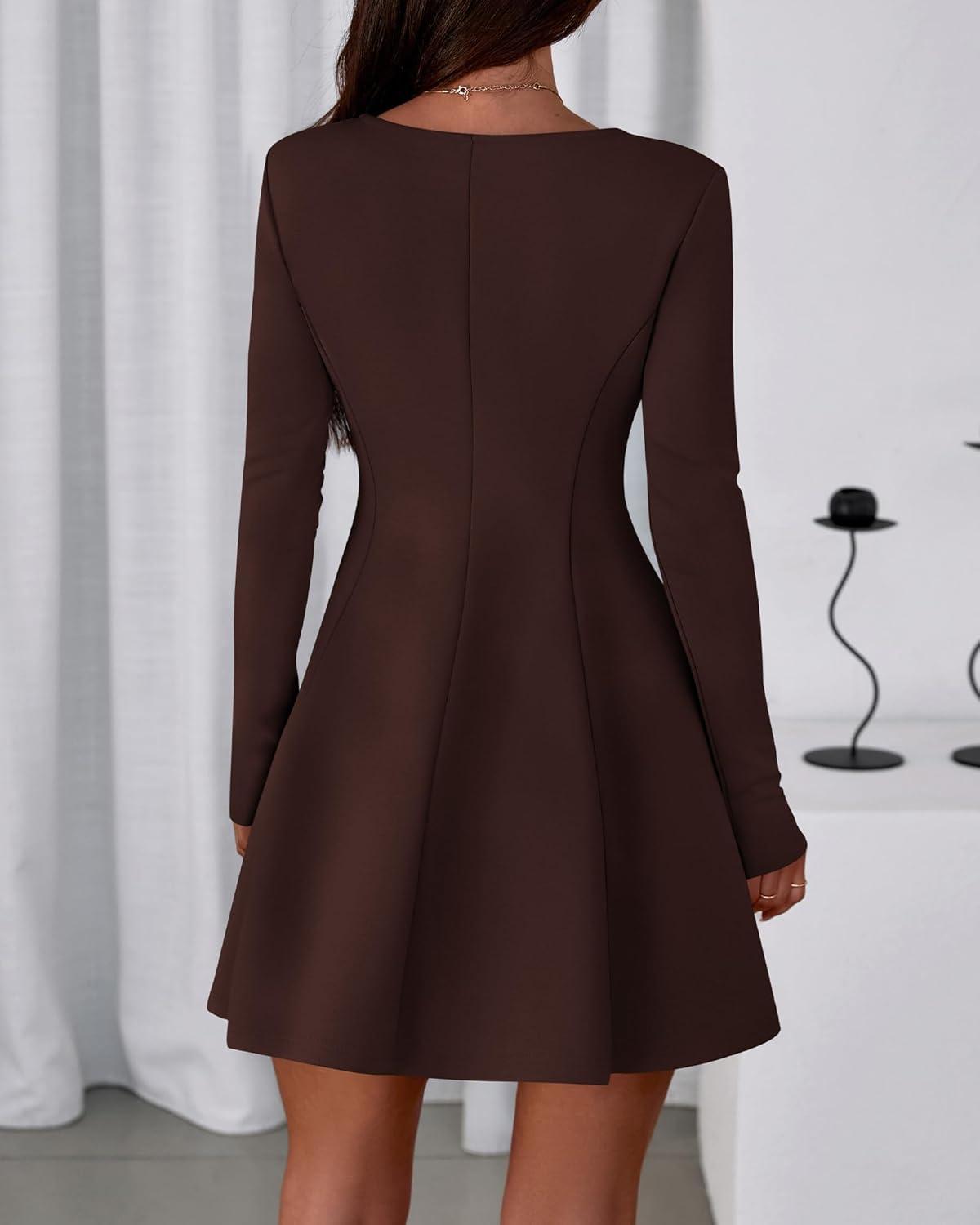 imageBTFBM Fall Dresses for Women 2026 Elegant Classy Flowy A Line Long Sleeve Business Homecoming Cocktail Sweater DressBrown
