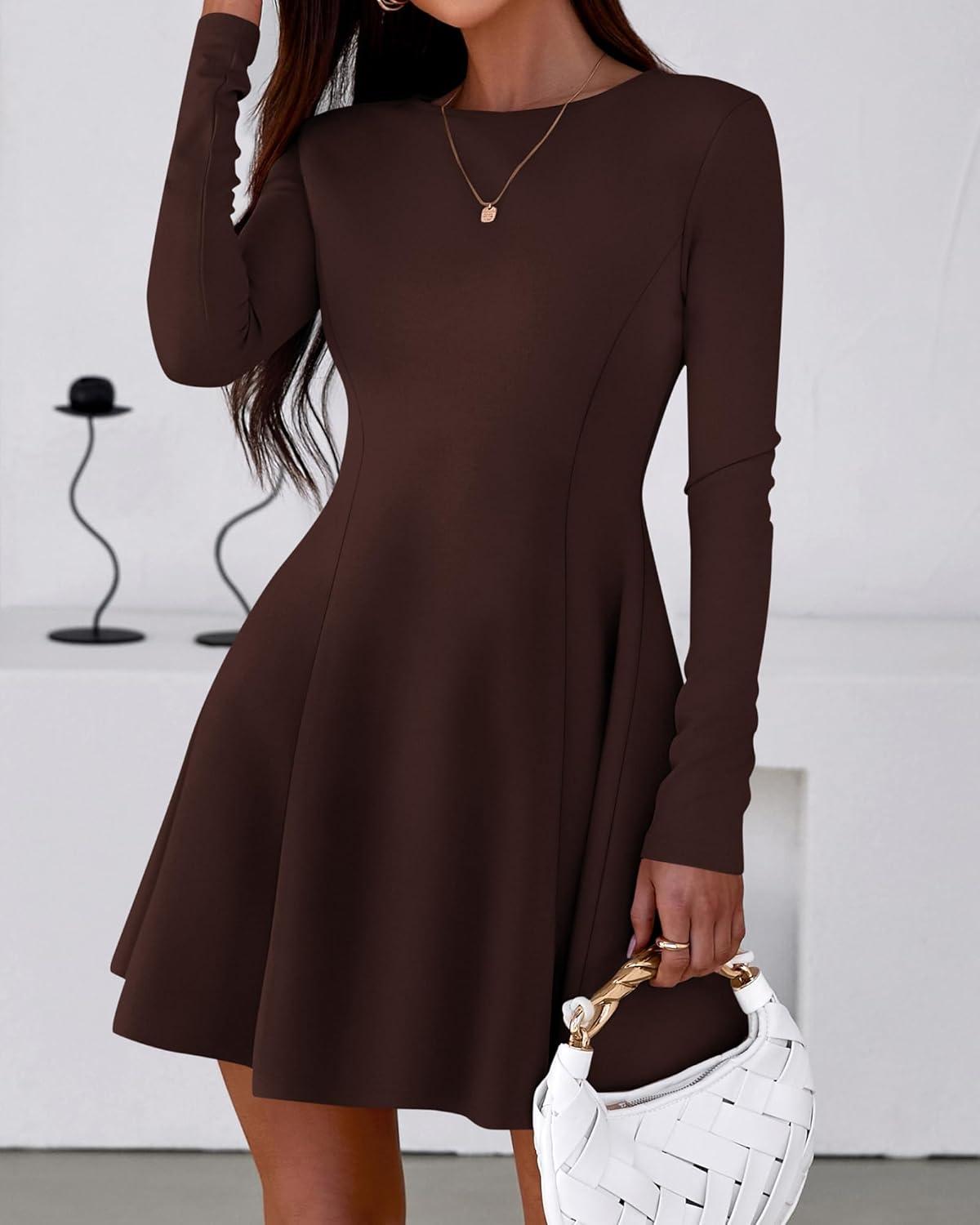 imageBTFBM Fall Dresses for Women 2026 Elegant Classy Flowy A Line Long Sleeve Business Homecoming Cocktail Sweater DressBrown