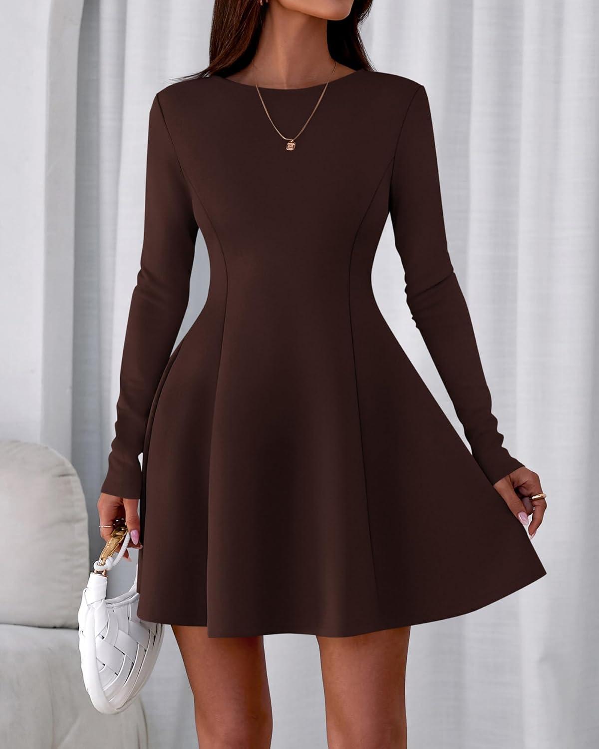 imageBTFBM Fall Dresses for Women 2026 Elegant Classy Flowy A Line Long Sleeve Business Homecoming Cocktail Sweater DressBrown
