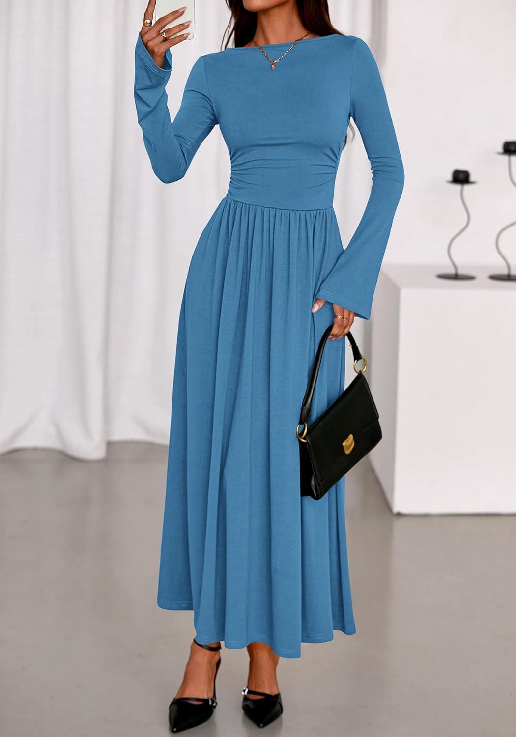 imageBTFBM Long Sleeve Maxi Dresses for Women 2025 Fall Casual Ruched Boat Neck Flowy Elegant Formal Wedding Guest DressBlue