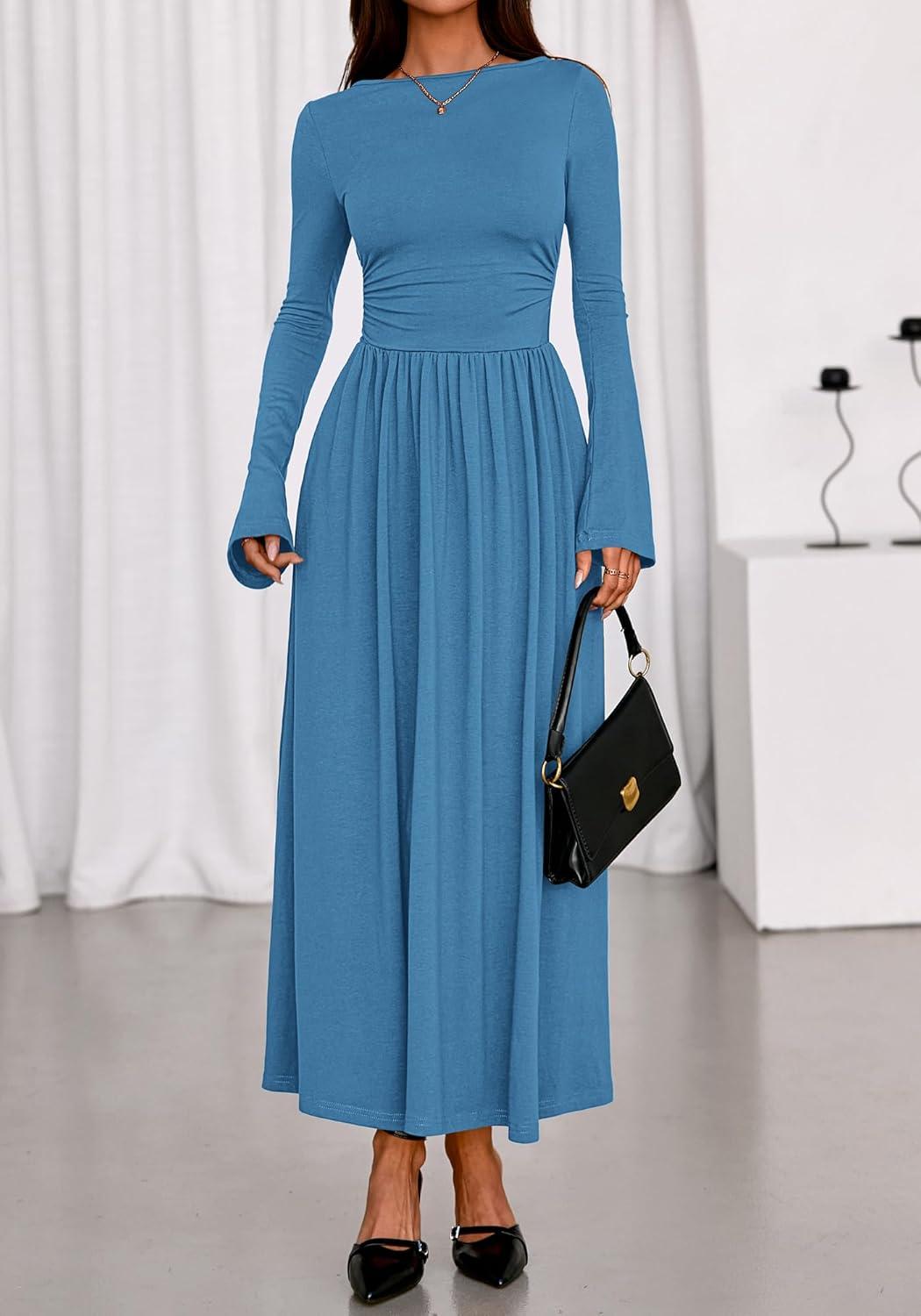 imageBTFBM Long Sleeve Maxi Dresses for Women 2025 Fall Casual Ruched Boat Neck Flowy Elegant Formal Wedding Guest DressBlue