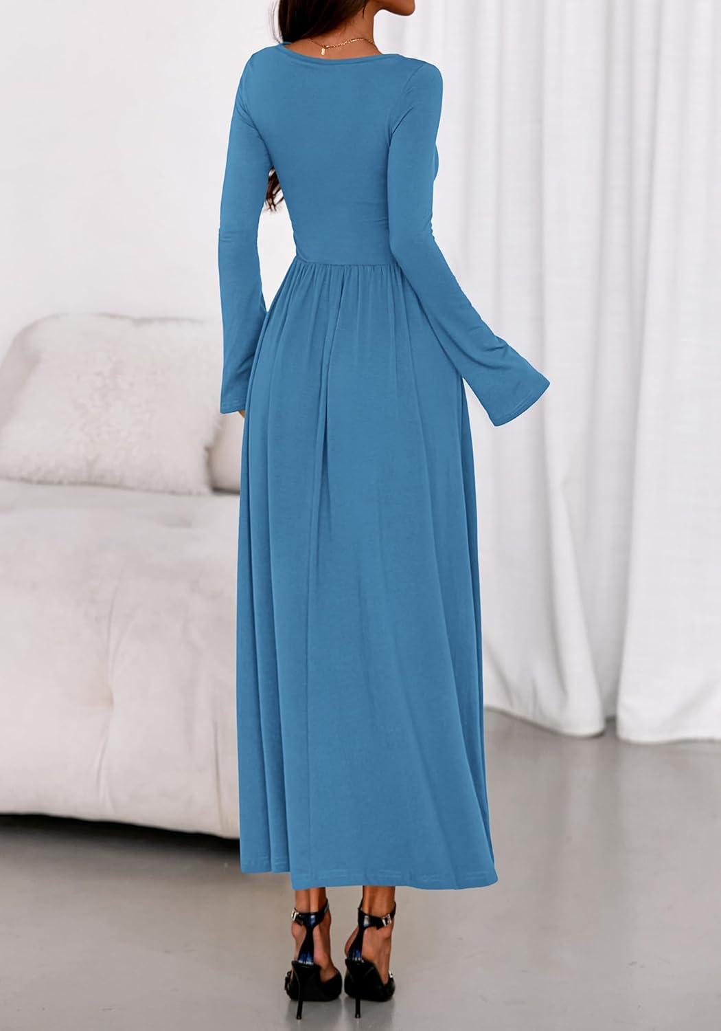 imageBTFBM Long Sleeve Maxi Dresses for Women 2025 Fall Casual Ruched Boat Neck Flowy Elegant Formal Wedding Guest DressBlue