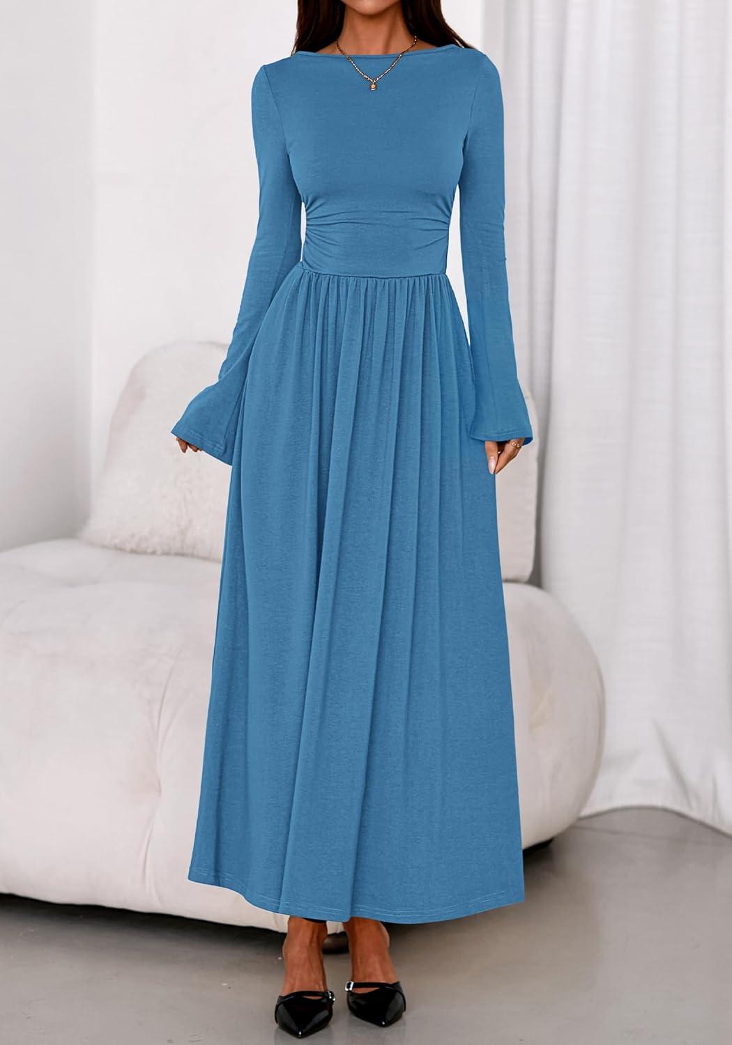 imageBTFBM Long Sleeve Maxi Dresses for Women 2025 Fall Casual Ruched Boat Neck Flowy Elegant Formal Wedding Guest DressBlue