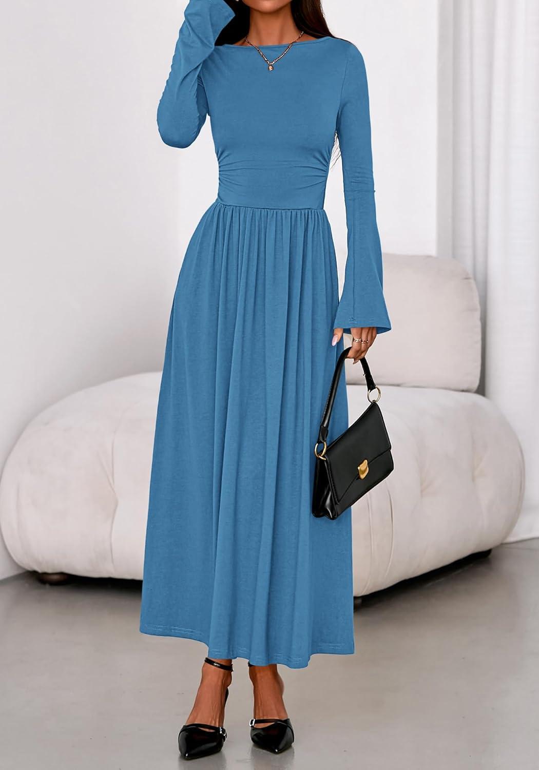 imageBTFBM Long Sleeve Maxi Dresses for Women 2025 Fall Casual Ruched Boat Neck Flowy Elegant Formal Wedding Guest DressBlue